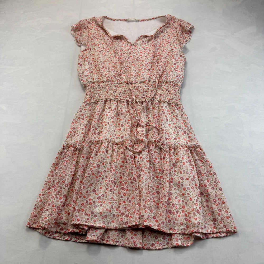 Altar'd State Tiered Mini Dress Womens Large White Pink Floral Smocked Waist